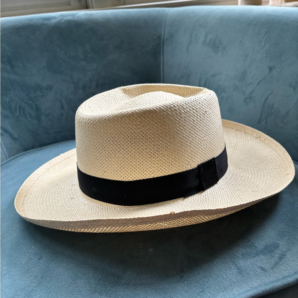 Cream and Black Panama Hat with Wide Brim and Fine Craftsmanship